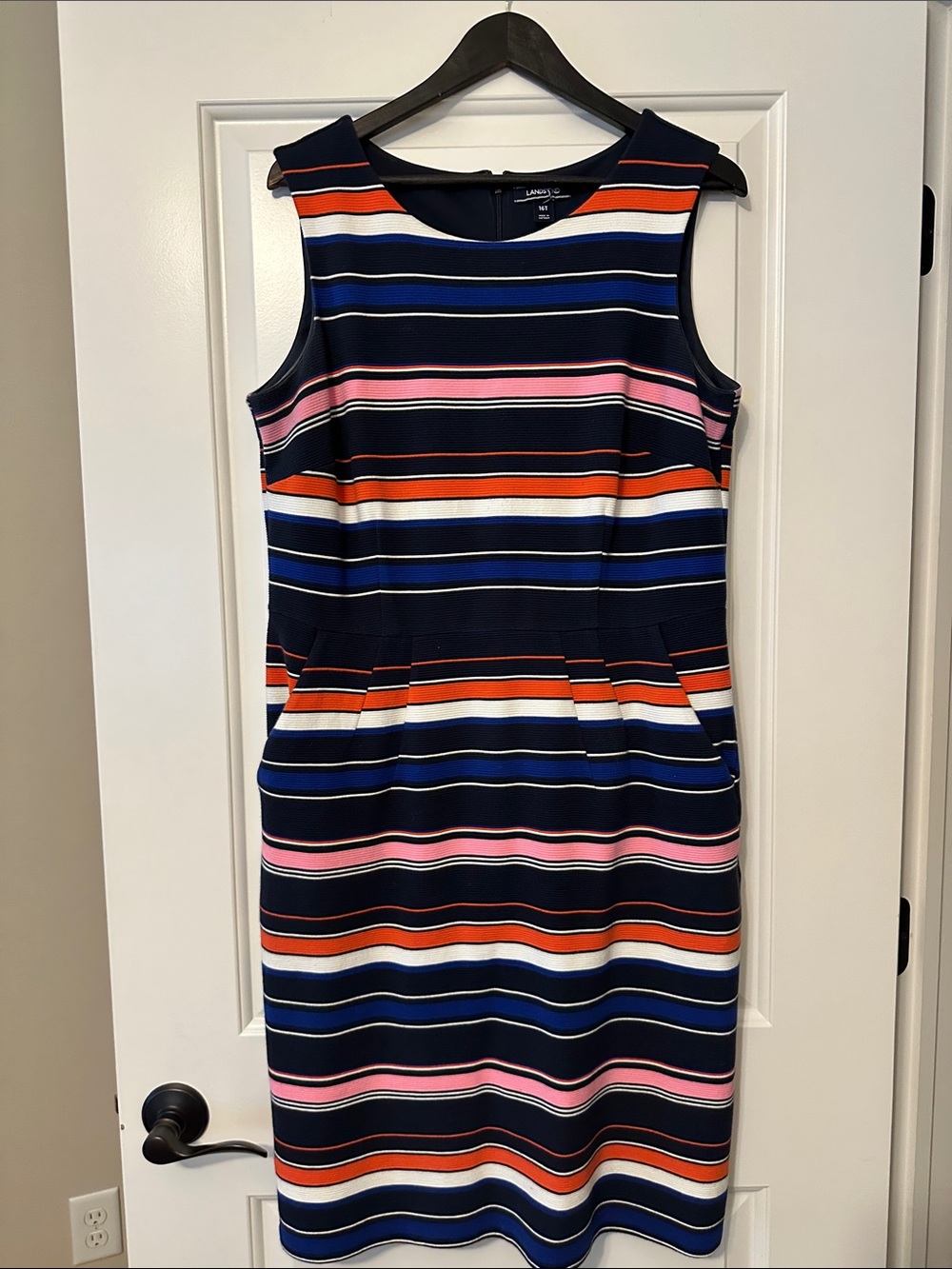 Lands' End Navy Striped Sleeveless Sheath Dress with Pink & Orange Accents